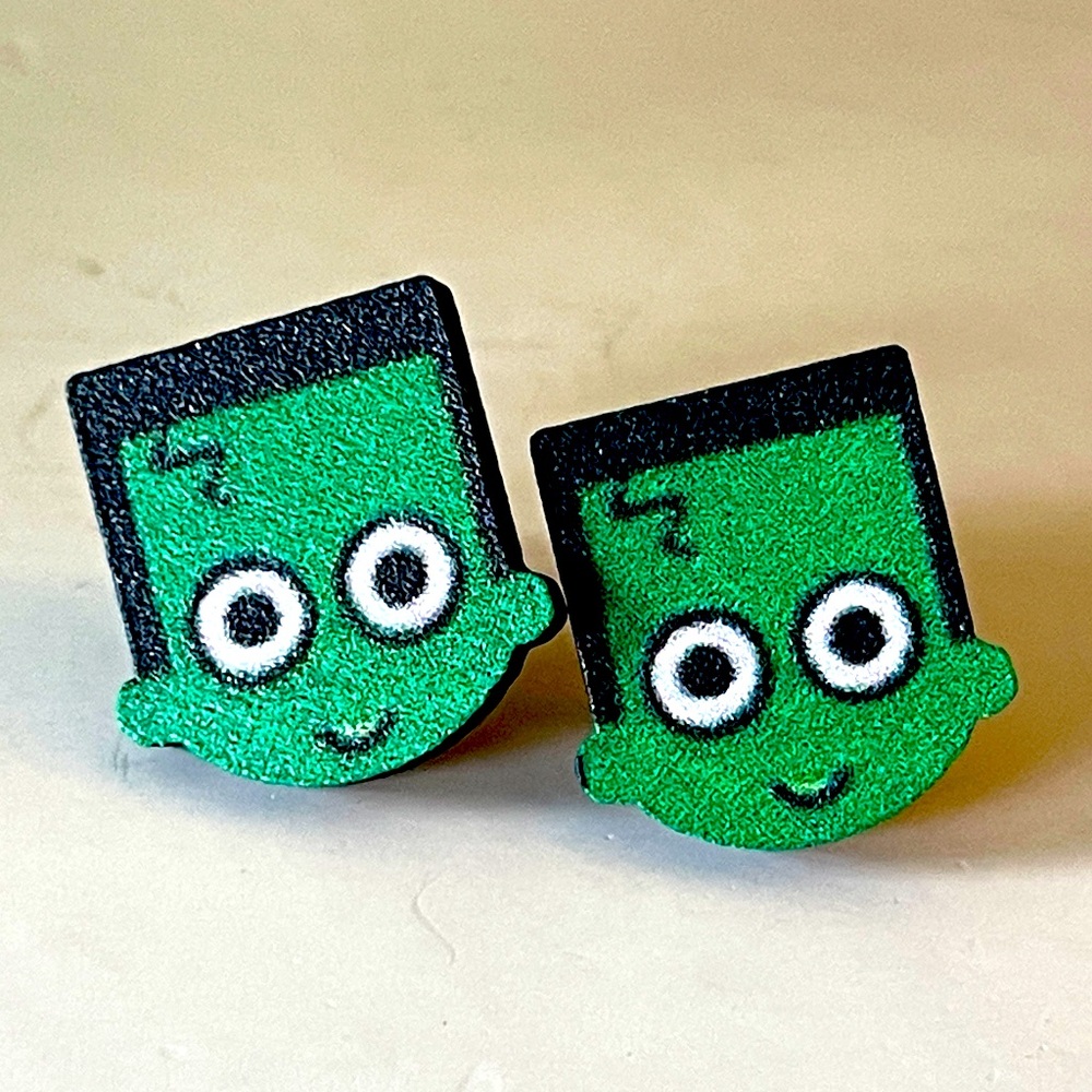 Playful Frankenstein Monster Green and Black wooden stud Earrings silver backs